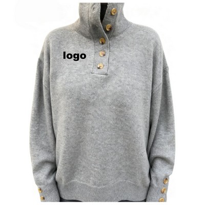 Solid Color Button Front Knit Sweater for Women Fall Winter Style