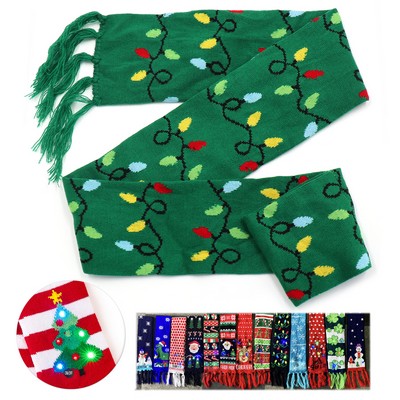 LED Light Up Christmas Knit Scarf With Colorful Pattern And Tassel Ends